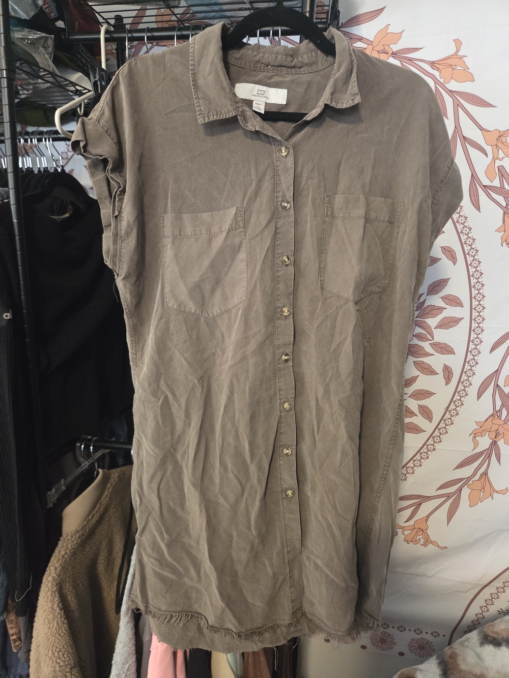 Thread & Supply Taupe Button-Front Short Sleeve Shirt Dress